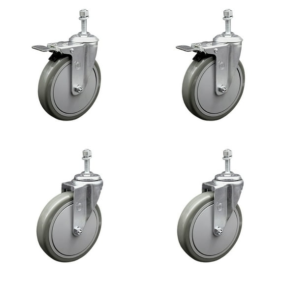 6 Inch Gray Polyurethane Swivel 3/8 Inch Stem Caster Set 2 Total Lock Brake SCC