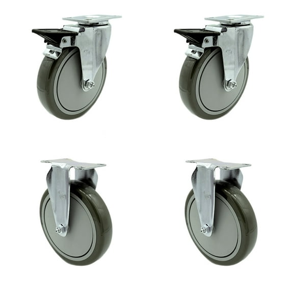 6 Inch Gray Polyurethane Swivel Top Plate Caster Set with 2 Brakes 2 Rigid SCC