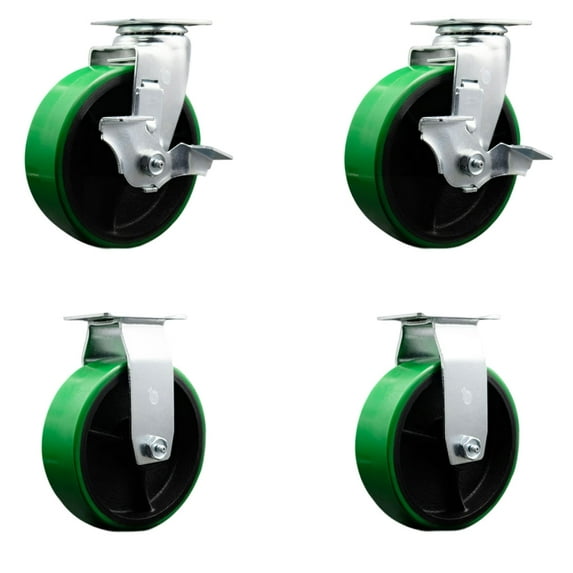6 Inch Green Poly on Cast Iron Caster Set with Ball Bearings 2 Brakes 2 Rigid