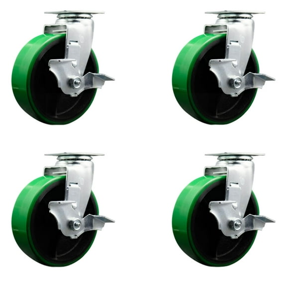 6 Inch Green Poly on Cast Iron Swivel Caster Set with Ball Bearings and Brakes