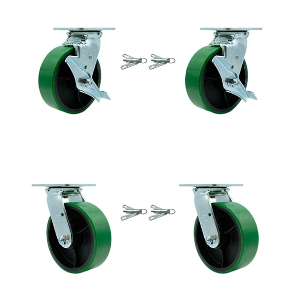 6 Inch Green Poly on Steel Caster Set with Roller Bearings 4 Swivel Lock 2 Brake