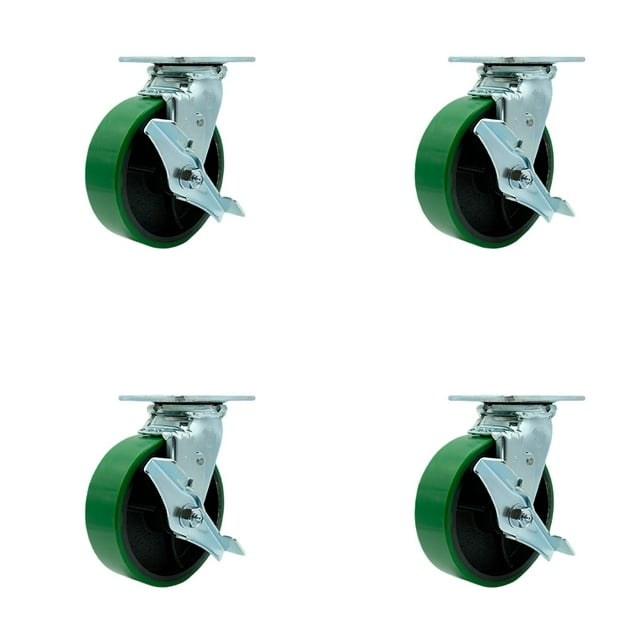 6 Inch Green Poly on Steel Caster Set with Roller Bearings and Brake/Swivel Lock