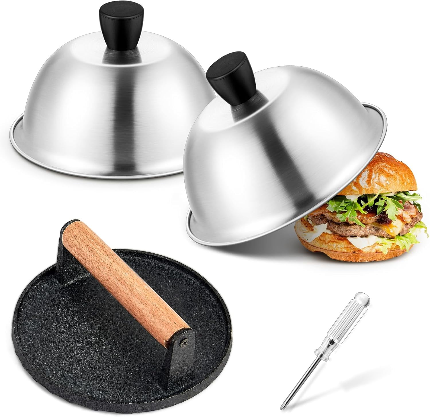 Smash Burger Press Inch Griddle Basting Covers (2 Lids+1 Press