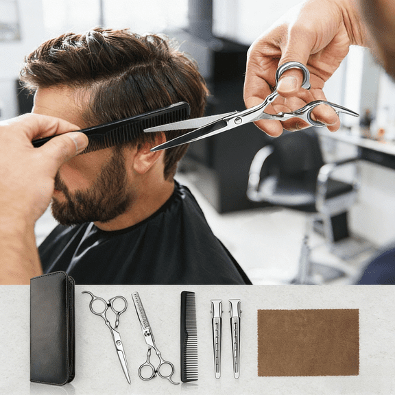 6 Inch Hair Cutting Scissors Set Professional Barber Shears Kit Stainless Steel Sharp Blades for Women Men Kids Home Salon, Includes Thinning Shear Comb Clips Leather Case for Hairdressing Trimming