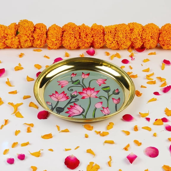 6 Inch Handcrafted Brass Thali/Aarti Plate | Lotus Design,