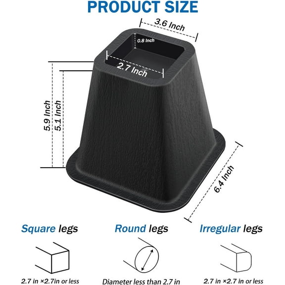 6 Inch Heavy Duty Bed Risers, Furniture Risers for Desk, Chair, Table or Sofa, Couch Lift Risers, Supports up to 2200 lbs per Leg(8 Pack Black)