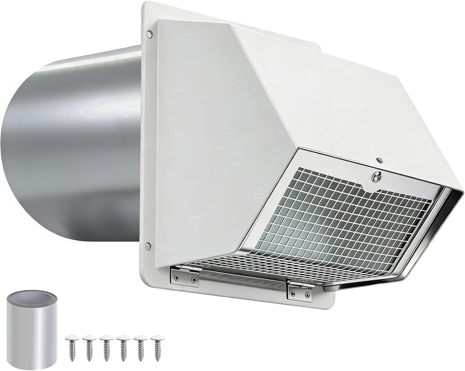 6in Heavy-Duty Galvanized Steel Dryer Vent Cover, Pest-Proof Outdoor Wall Vent with Hood, Screen & Damper, White