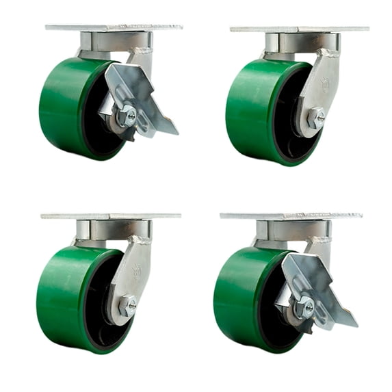 6 Inch Heavy Duty Green Poly on Cast Iron Caster Set 2 Swivel Lock 2 Brakes SCC