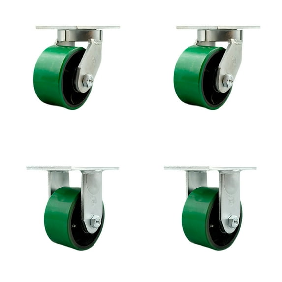 6 Inch Heavy Duty Green Poly on Cast Iron Caster Set 2 Swivel Locks 2 Rigid SCC