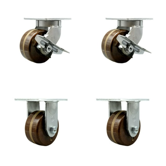 6 Inch Heavy Duty High Temp Phenolic Swivel Caster Set 2 Brakes 2 Rigid SCC