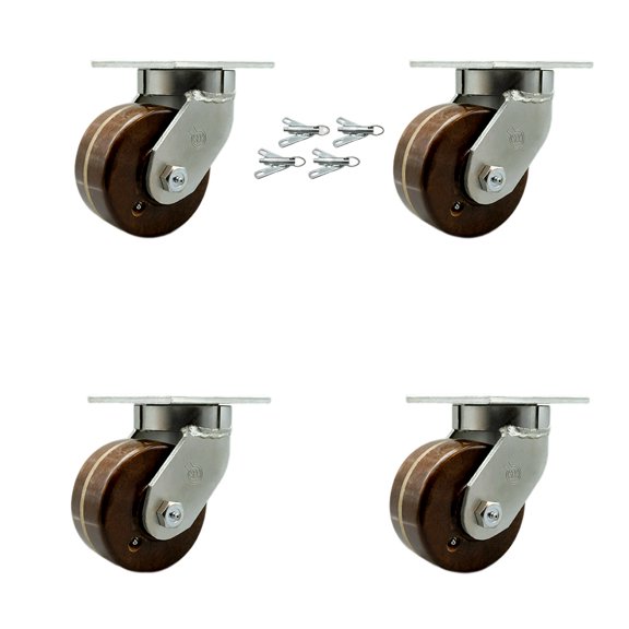 6 Inch Heavy Duty High Temp Phenolic Swivel Caster Set with Swivel Locks Set 4
