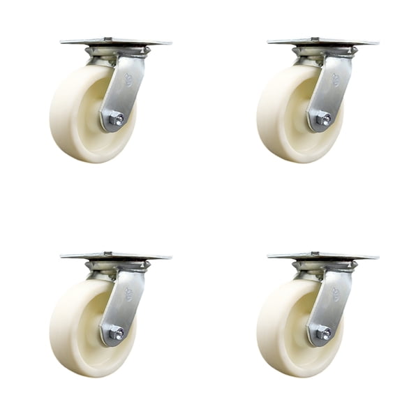 Heavy Duty Large Top Plate Nylon Swivel Caster w/Main. Free Bearings Set of 4 w/6" x 2" White Wheels - Includes 4 Swivel - 5000 lbs Total Capacity - Service Caster Brand