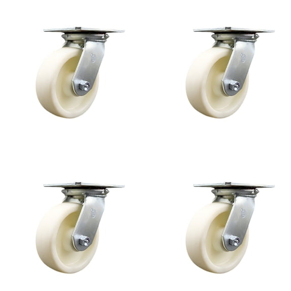 Heavy Duty Large Top Plate Nylon Swivel Caster w/Main. Free Bearings Set of 4 w/6" x 2" White Wheels - Includes 4 Swivel - 5000 lbs Total Capacity - Service Caster Brand
