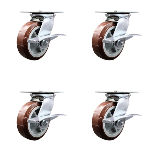 Heavy Duty Large Top Plate Polyurethane on Polyolefin Swivel Caster w/Main. Free Bearings Set of 4 w/6" x 2" Maroon Wheels-Includes 4 Swivel w/Side Lck Brakes-3600lbs Total Cpty - Service Caster Brand