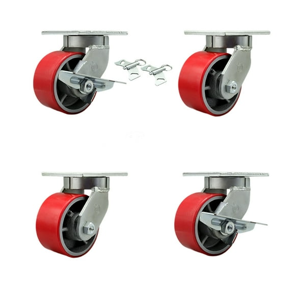6 Inch Heavy Duty Red Poly on Cast Iron Caster Set 2 Swivel Lock 2 Brakes SCC