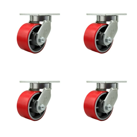 6 Inch Heavy Duty Red Poly on Cast Iron Swivel Caster Set with 2 Swivel Locks