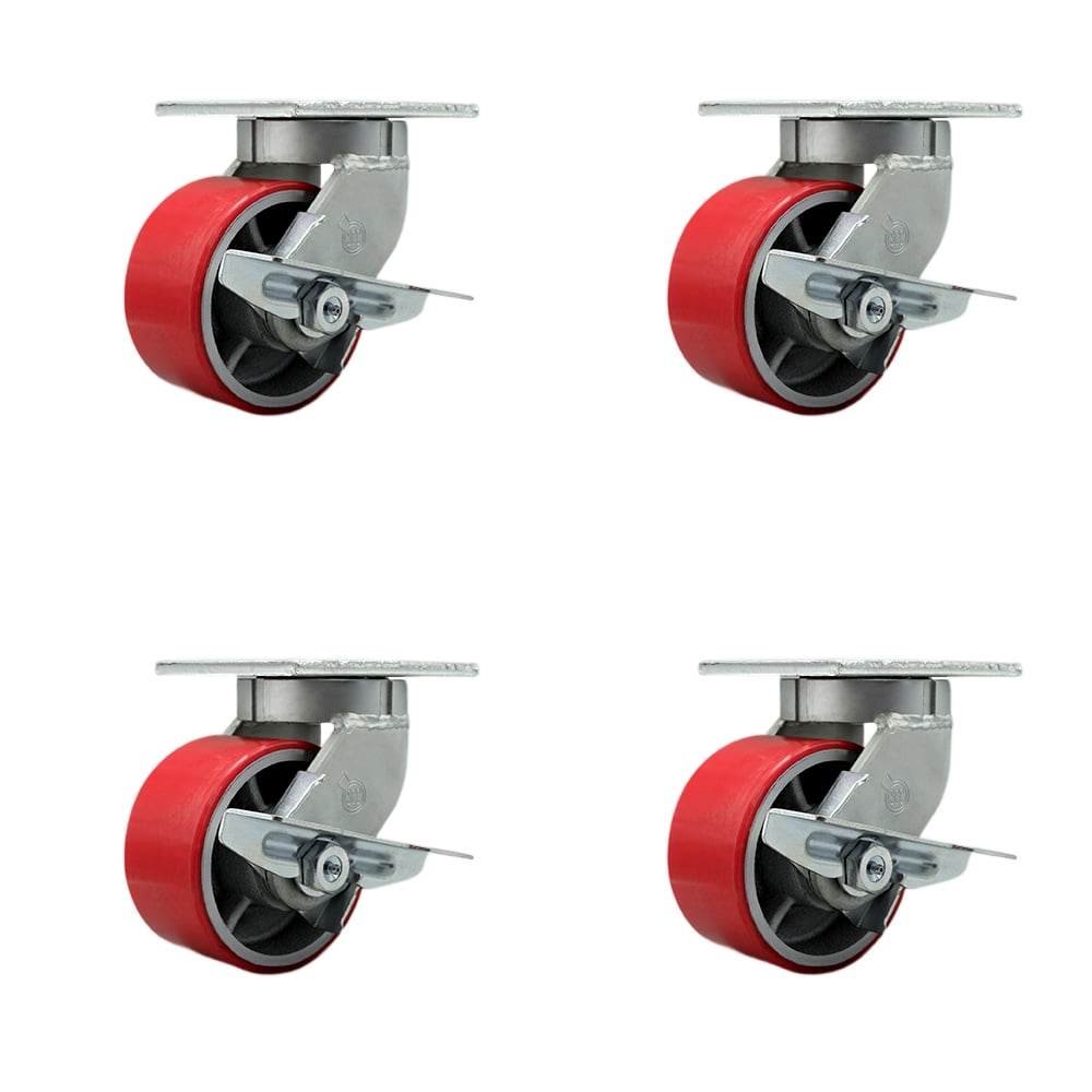 12-Pack Red Polyurethane Caster Wheels With Brake & Swivel Plate – 2" Diameter, 65lb Capacity Each