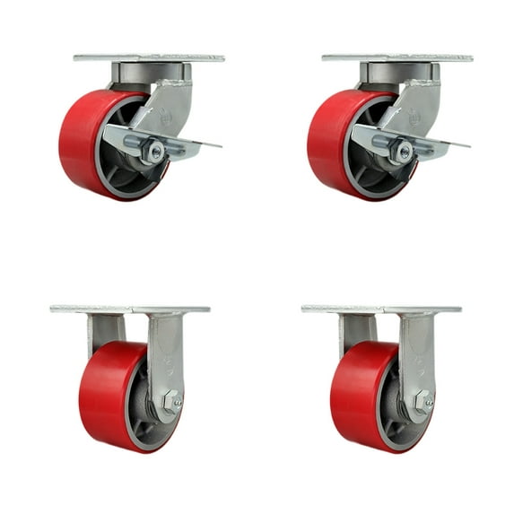 6 Inch Heavy Duty Red Poly on Cast Iron Wheel Caster Set 2 Brakes 2 Rigid SCC