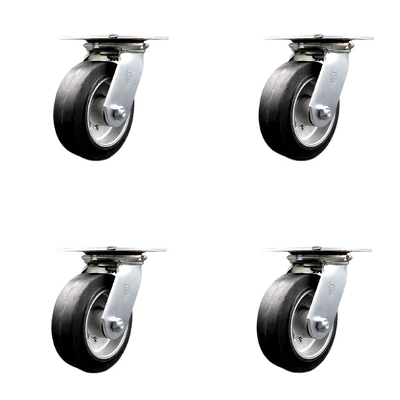 6 Inch Heavy Duty Rubber on Aluminum Caster Set with Roller Bearings Set of 4