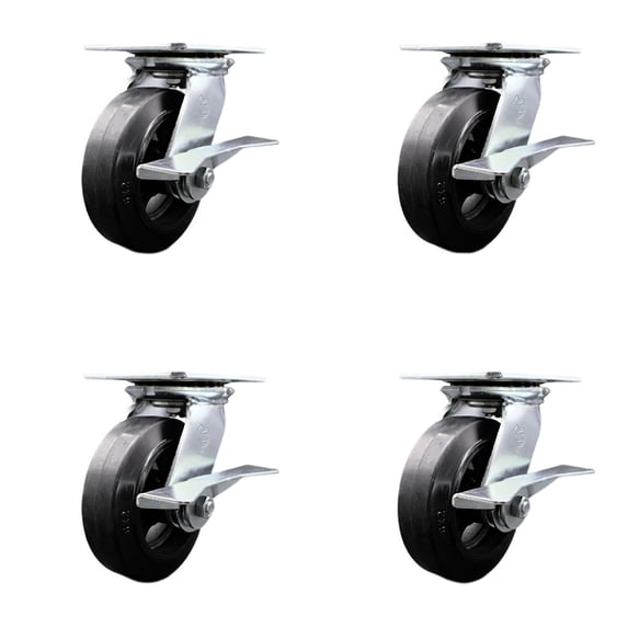 6 Inch Heavy Duty Rubber on Steel Caster Set with Ball Bearings and Brakes SCC