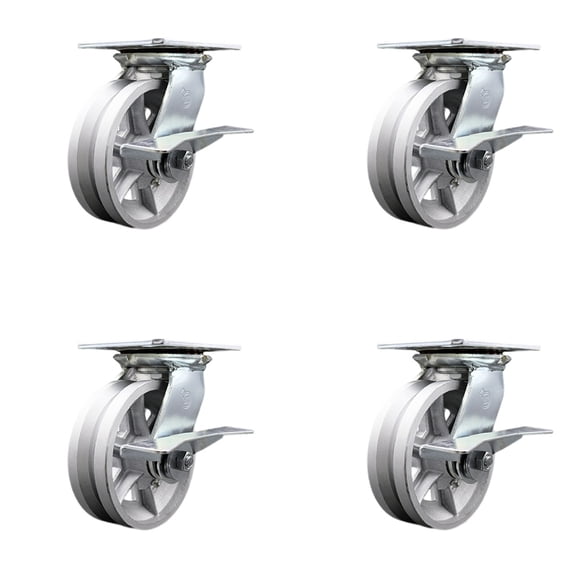 6 Inch Heavy Duty V Groove Semi Steel Caster Set with Ball Bearings and Brakes