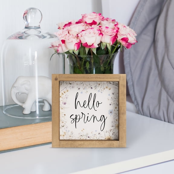 6 Inch Hello Spring Sign, Wooden Spring Table Shelf Desk Top Mantel Wall Art Home Decorations Indoor, Wood March Seasonal Bathroom Kitchen Bedroom Office Rustic Farmhouse House TableTop Decor