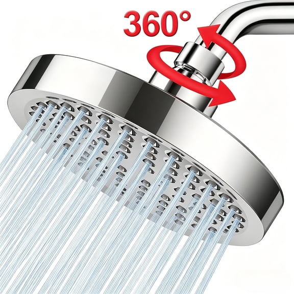 6 Inch High Pressure Shower Head, Brass Ball Joint Adjustable, Plated Face with Silicone Nozzles, Modern Bathroom Water Saving Shower Fixture