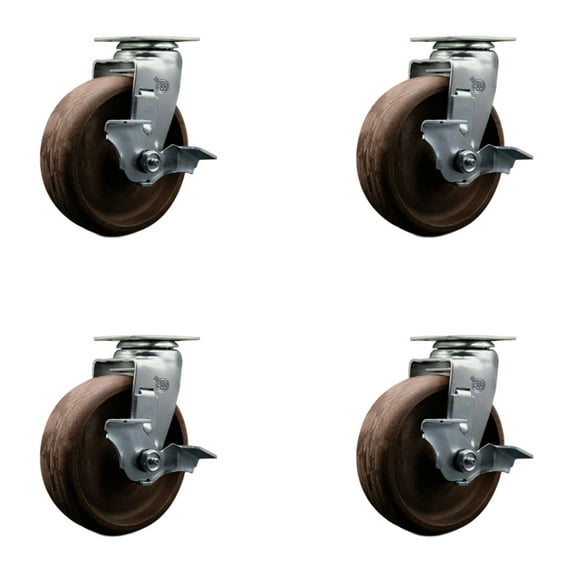 6 Inch High Temp Glass Filled Nylon Swivel Caster Set w/Roller Bearing and Brake