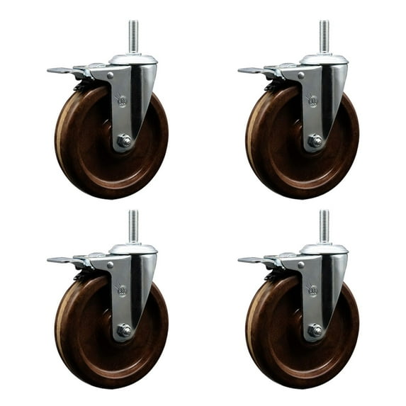 6 Inch High Temp Phenolic 5/8 Inch Stem Caster Set with Total Lock Brake