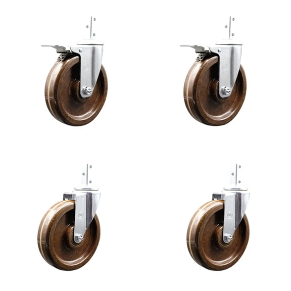 6 Inch High Temp Phenolic 7/8 Inch Square Stem Caster Set 2 Total Lock Brake SCC