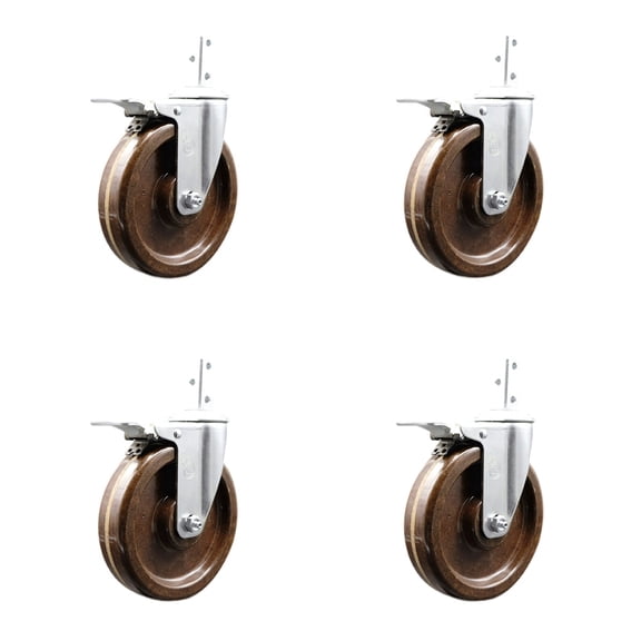 6 Inch High Temp Phenolic 7/8 Inch Square Stem Caster Set Total Lock Brake SCC