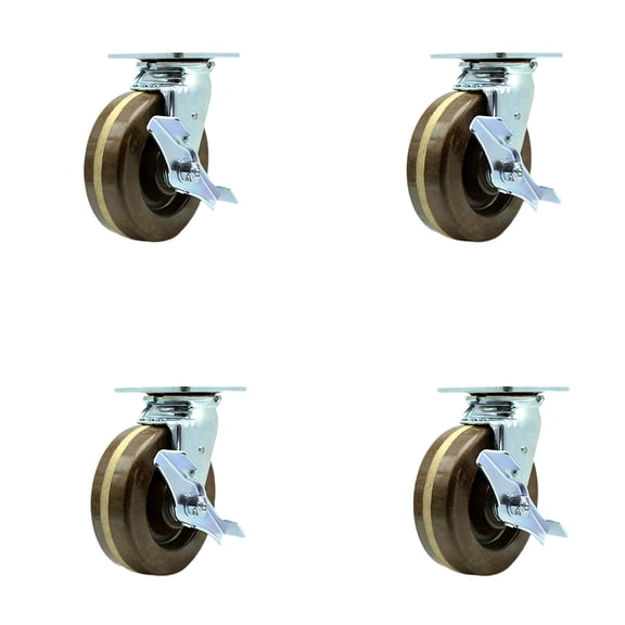 6 Inch High Temp Phenolic Caster Set w/Bronze Bearings and Brake/Swivel Lock SCC