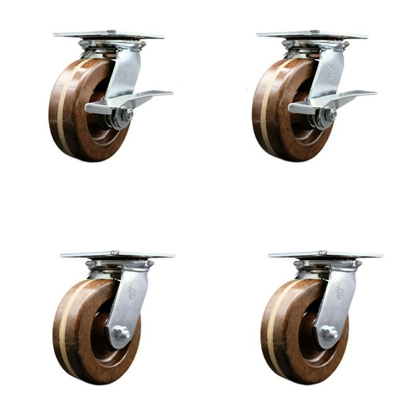 6 Inch High Temp Phenolic Caster Set with Roller Bearing 4 Swivel Lock 2 Brake