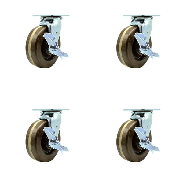 6 Inch High Temp Phenolic Swivel Caster Set with Roller Bearings and Brakes SCC