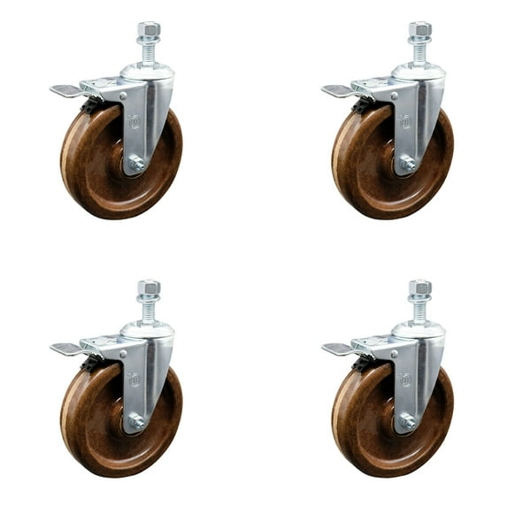 6 Inch High Temp Phenolic Swivel ½ Inch Stem Caster Set with Total Lock Brake