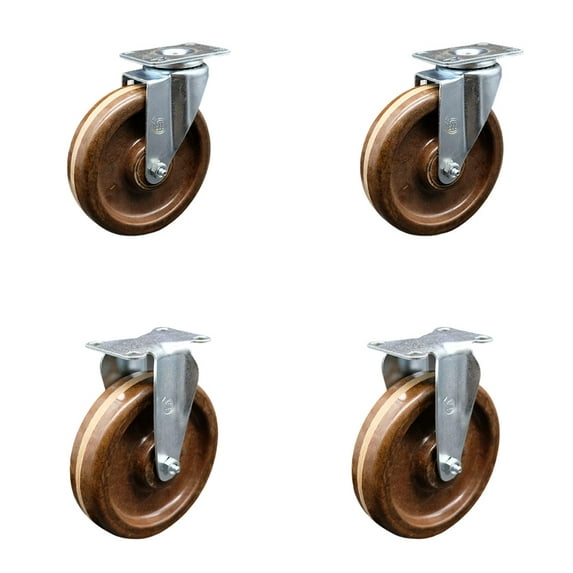 6 Inch High Temp Phenolic Wheel Swivel Top Plate Caster Set with 2 Rigid SCC