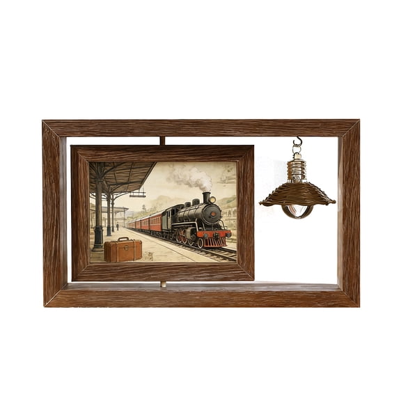 6-Inch Horizontal Brown Wood Grain Rotating Photo Frame with LED Decorative Light, Double Photo Pull-Out Desktop Decoration, Home Decor Picture Frame (Holds 2 Photos)