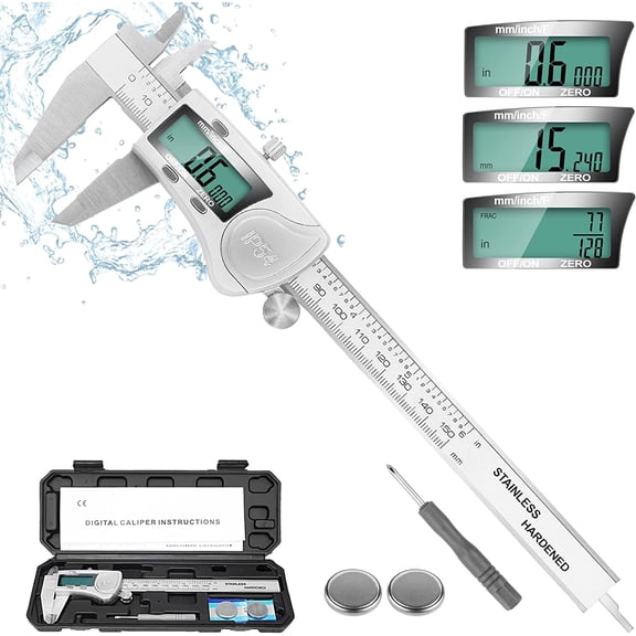 6 Inch IP54 Waterproof Digital Caliper, Stainless Steel Electronic Vernier Measuring Tool with Large LCD Screen, Inch Metric Fraction Conversion, High Precision Micrometer Caliper for DIY