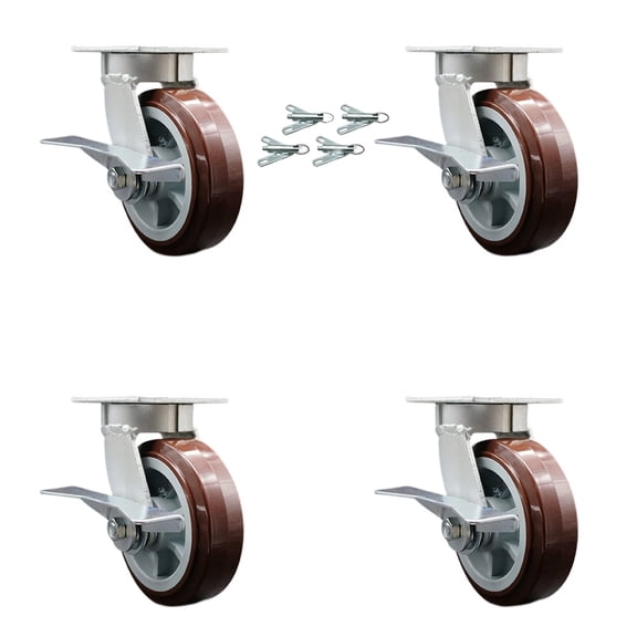 6 Inch KP Polyurethane Caster Set with Ball Bearings and Brake/Swivel Lock SCC