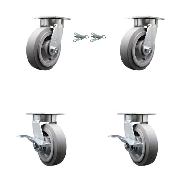 6 Inch KP Thermo Rubber Flat Tread Caster Set w/Ball Bearing 2 Swvl Lck 2 Brake