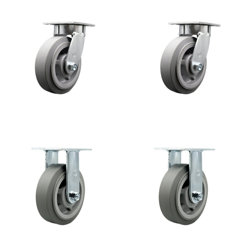 6 Inch KP Thermo Rubber Flat Tread Caster Set w/Ball Bearings 2 Swivel ...