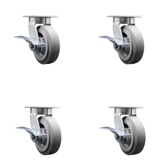 6 Inch KP Thermo Rubber Flat Tread Caster Set w/Ball Bearings&Brake/Swivel Lock