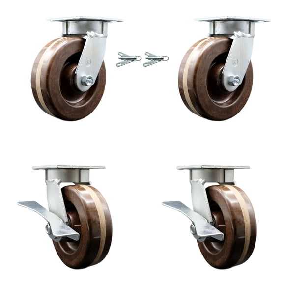 6 Inch Kingpinless High Temp Phenolic Wheel Caster Set 2 Swivel Locks 2 Brakes