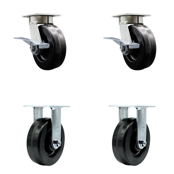 6 Inch Kingpinless Phenolic Wheel Caster Set 2 Brakes 2 Rigid Service Caster