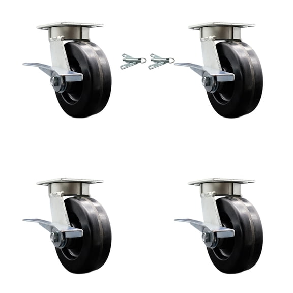 6 Inch Kingpinless Phenolic Wheel Caster Set 4 Brakes 2 Swivel Locks SCC