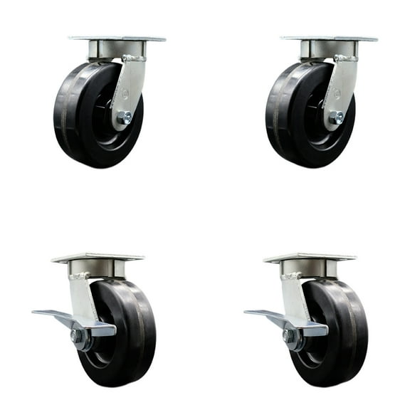 6 Inch Kingpinless Phenolic Wheel Swivel Caster Set with 2 Brakes Service Caster