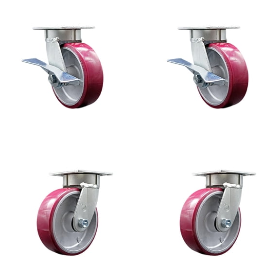 6 Inch Kingpinless Poly on Aluminum Wheel Caster Set 4 Swivel Locks 2 Brakes SCC