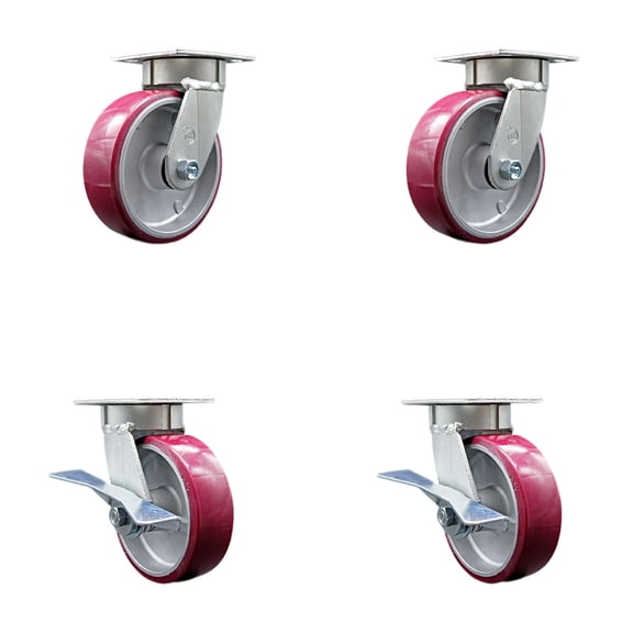 6 Inch Kingpinless Poly on Aluminum Wheel Swivel Caster Set with 2 Brakes SCC