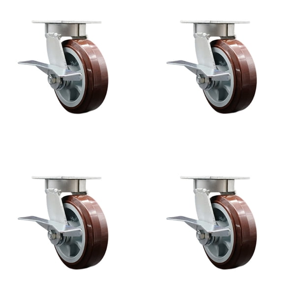 6 Inch Kingpinless Poly on Polyolefin Wheel Swivel Caster Set with Brakes SCC