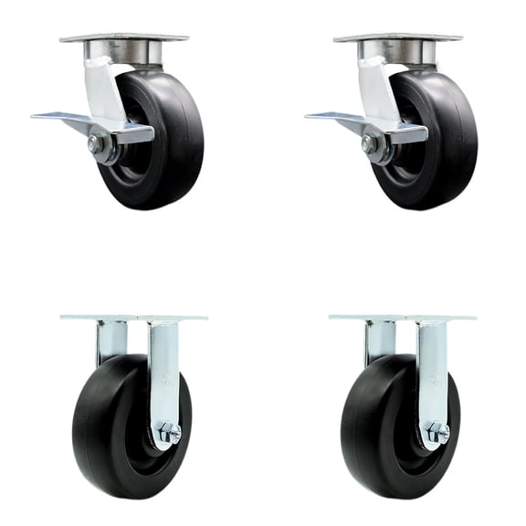 6 Inch Kingpinless Polyolefin Wheel Caster Set 2 Brakes 2 Rigid Service Caster